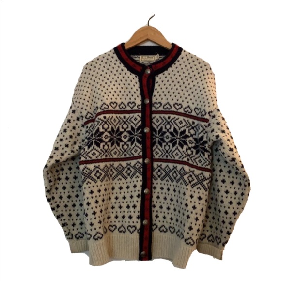 Vintage LL Bean Nordic Snowflake Heart Ski Cardigan Button Up Grandma Sweater